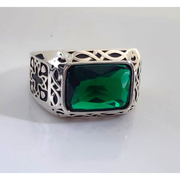 RING/MEN'S-OUTLAWS AMSTERDAM-S925 Silver/Green "Glass Stone"-Filigree-Size 11 - Picture 1 of 12
